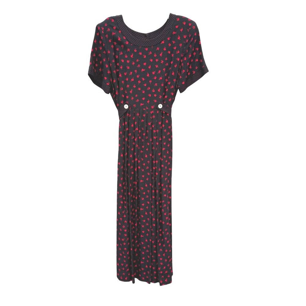 VTG Floral Dress Black Red Roses Whimsigoth Button Down Back Midi Short Sleeve